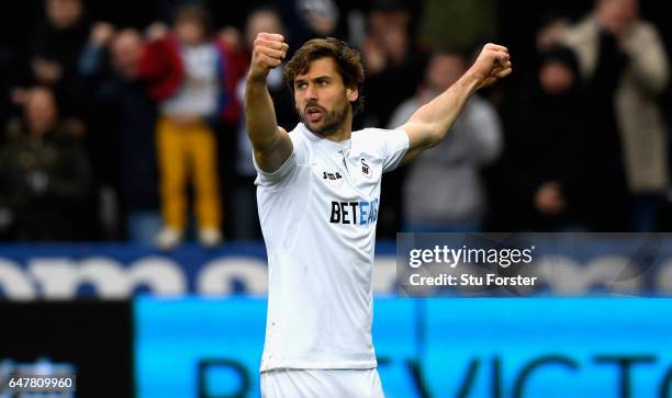 Fernando Llorente of Swansea City celebrates scoring his sides first goal during the Premier League match between Swansea City and Burnley at Liberty...