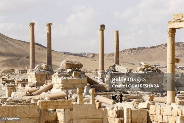 Picture taken on March 4, 2017 shows the damaged site of the ancient city of Palmyra in central Syria. Syrian troops backed by Russian jets completed...