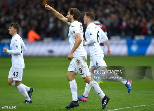 Fernando Llorente of Swansea City celebrates scoring his sides first goal during the Premier League match between Swansea City and Burnley at Liberty...