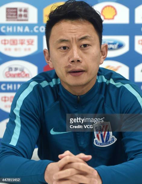 Li Shuai, player of Shanghai Shenhua, attends the press conference ahead of Chinese Super League between Jiangsu Suning and Shanghai Shenhua at...