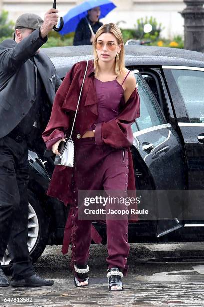 Hailey Baldwin is seen arriving at Elie Saab fashion show during the Paris Fashion Week Womenswear Fall/Winter 2017/2018 on March 4, 2017 in Paris,...