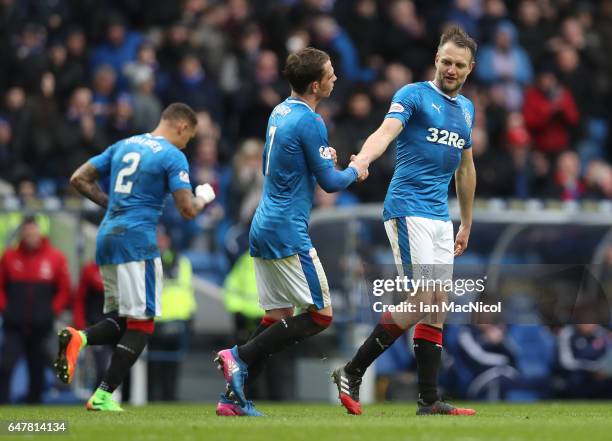 Joe Garner of Rangers congratulates Clint Hill of Rangers after he scores during the Scottish Cup Quarter final match between Rangers and Hamilton...