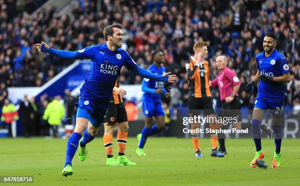 Christian Fuchs of Leicester City celebrates scoring his sides first goal during the Premier League match between Leicester City and Hull City at The...