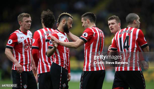 Dusan Tadic of Southampton celebrates scoring his sides first goal with Nathan Redmond of Southampton during the Premier League match between Watford...