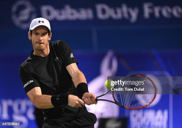 Andy Murray of Great Britain plays a backhand during his final match against Fernando Verdasco of Spain on day seven of the ATP Dubai Duty Free...