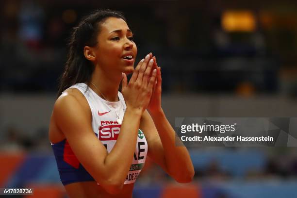 Morgan Lake of Great Britain reacts after failing on her third attempt in the Women's High Jump final on day two of the 2017 European Athletics...