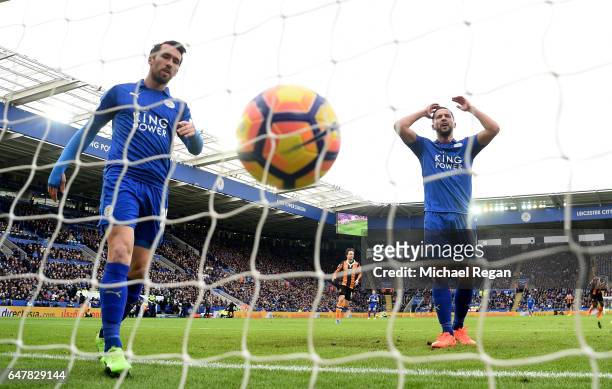 Christian Fuchs of Leicester City and Danny Drinkwater of Leicester City reacts to Hull City scoring their first goal during the Premier League match...
