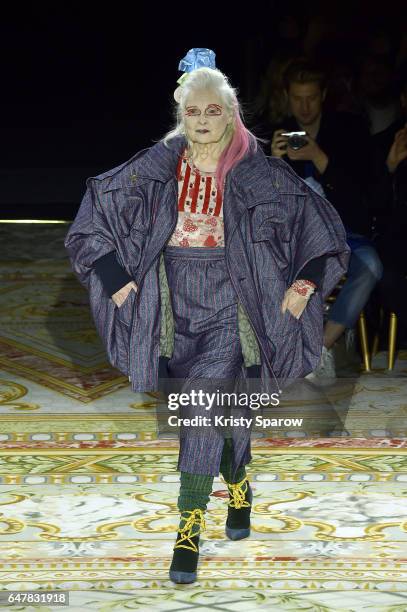 Designer Vivienne Westwood walks the runway during the Vivienne Westwood show as part of Paris Fashion Week Womenswear Fall/Winter 2017/2018 on March...