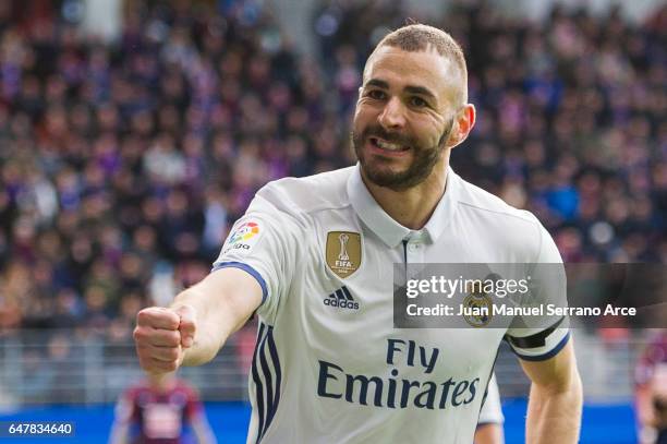 Karim Benzema of Real Madrid celebrates after scoring his team's second goal during the La Liga match between SD Eibar and Real Madrid at Ipurua...