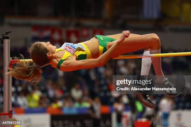 Airine Palsyte of Lithuania competes in the Women's High Jump final on day two of the 2017 European Athletics Indoor Championships at the Kombank...