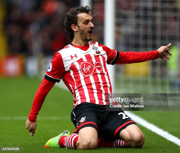 Manolo Gabbiadini of Southampton celebrates scoring his fourth goal during the Premier League match between Watford and Southampton at Vicarage Road...