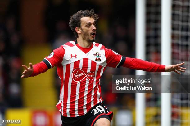 Manolo Gabbiadini of Southampton celebrates scoring his fourth goal during the Premier League match between Watford and Southampton at Vicarage Road...