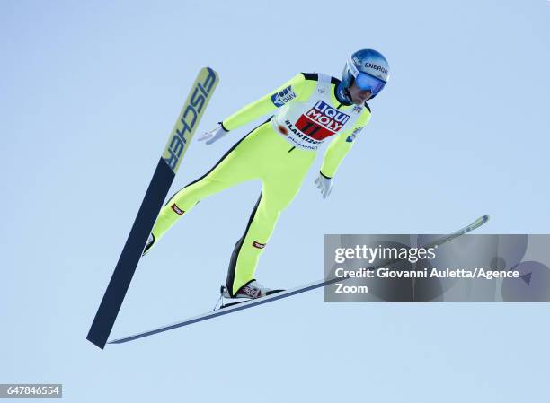 Michael Hayboeck of Austria competes during the FIS Nordic World Ski Championships Men's Team Ski Jumping HS130 on March 4, 2017 in Lahti, Finland.