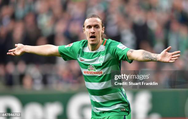 Max Kruse of Bremen reacts during the Bundesliga match between Werder Bremen and SV Darmstadt 98 at Weserstadion on March 4, 2017 in Bremen, Germany.