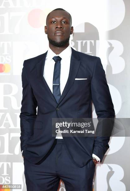 Stormzy attends The BRIT Awards 2017 at The O2 Arena on February 22, 2017 in London, England.