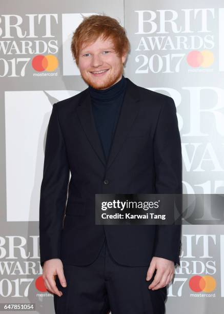 Ed Sheeran attends The BRIT Awards 2017 at The O2 Arena on February 22, 2017 in London, England.