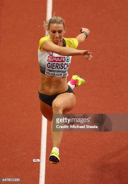 Kristin Gierisch of Germany competes in the Women's Triple Jump final on day two of the 2017 European Athletics Indoor Championships at the Kombank...