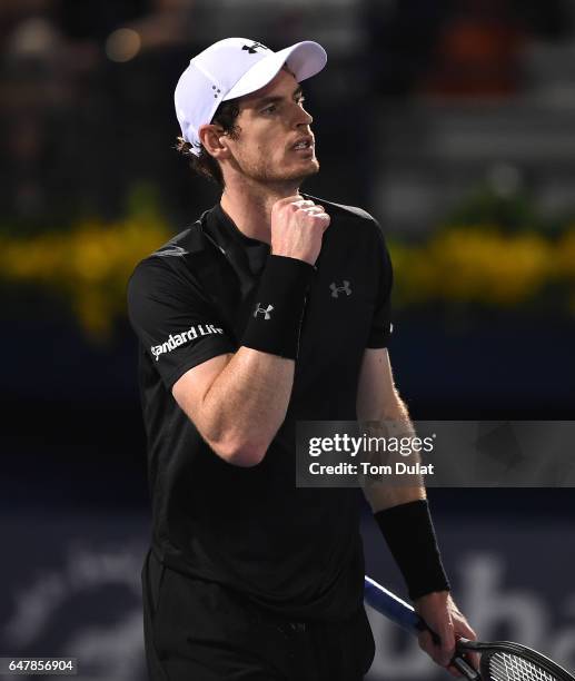 Andy Murray of Great Britain celebrates winning the final match against Fernando Verdasco of Spain on day seven of the ATP Dubai Duty Free Tennis...