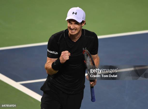 Andy Murray of Great Britain celebrates a point during his final match against Fernando Verdasco of Spain on day seven of the ATP Dubai Duty Free...