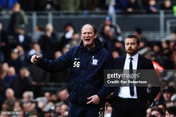 Simon Grayson the Preston North End manager shouts instructions from the touchline during the Sky Bet Championship match between Fulham and Preston...