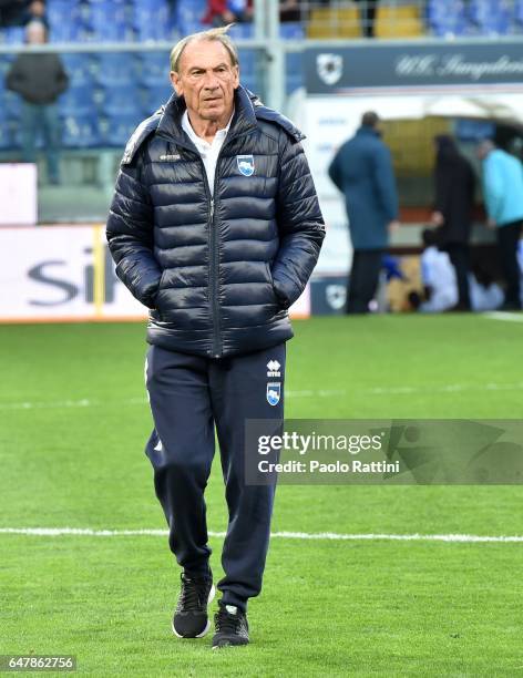 Zdenek Zeman head coach of Pescara during the Serie A match between UC Sampdoria and Pescara Calcio at Stadio Luigi Ferraris on March 4, 2017 in...