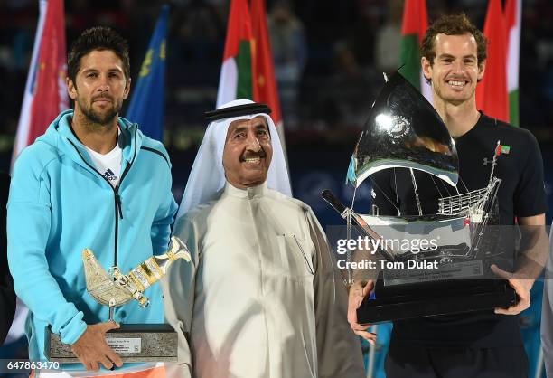 Winner Andy Murray of Great Britain, runner up Fernando Verdasco of Spain and Sheikh Hasher Bin Maktoum Al Maktoum, President of Tennis Emirates pose...