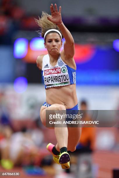 Greece's Paraskevi Papahristou competes in the women's triple jump final at the 2017 European Athletics Indoor Championships in Belgrade on March 4,...