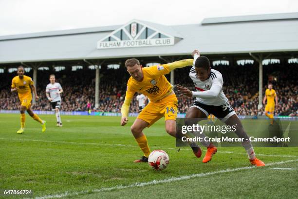 Preston North End's Aidan McGeady battles for possession with Fulham's Ryan Sessegnon during the Sky Bet Championship match between Fulham and...