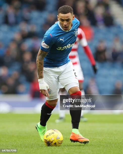 James Tavernier of Rangers controls the ball during the Scottish Cup Quarter final match between Rangers and Hamilton Academical at Ibrox Stadium on...