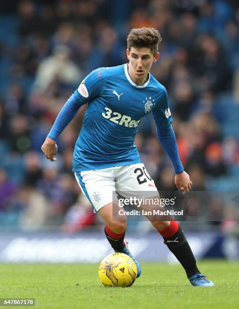 Emerson Hyndman of Rangers controls the ball during the Scottish Cup Quarter final match between Rangers and Hamilton Academical at Ibrox Stadium on...