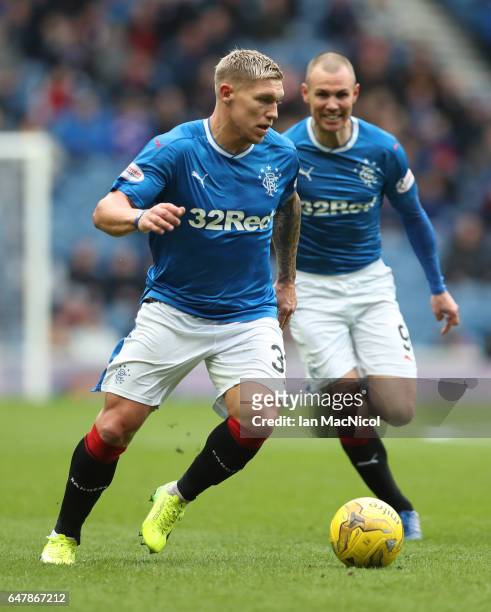 Martyn Waghorn of Rangers controls the ball during the Scottish Cup Quarter final match between Rangers and Hamilton Academical at Ibrox Stadium on...