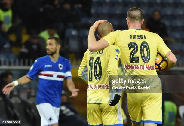 Alberto Cerri of Pescara celebrates after score 1-1 during the Serie A match between UC Sampdoria and Pescara Calcio at Stadio Luigi Ferraris on...