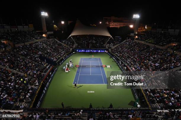 Andy Murray of Great Britain and Fernando Verdasco of Spain in action during the final match on day seven of the ATP Dubai Duty Free Tennis...