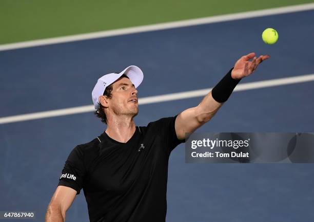 Andy Murray of Great Britain plays a serves during his final match against Fernando Verdasco of Spain on day seven of the ATP Dubai Duty Free Tennis...