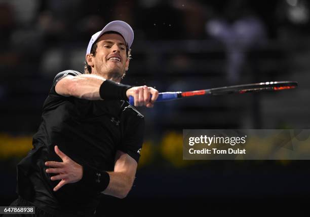 Andy Murray of Great Britain plays a forehand during his final match against Fernando Verdasco of Spain on day seven of the ATP Dubai Duty Free...