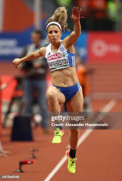Paraskevi Papahristou of Greece competes in the Women's Triple Jump final on day two of the 2017 European Athletics Indoor Championships at the...