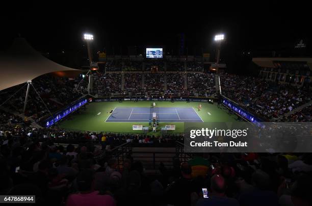 Andy Murray of Great Britain and Fernando Verdasco of Spain in action during the final match on day seven of the ATP Dubai Duty Free Tennis...