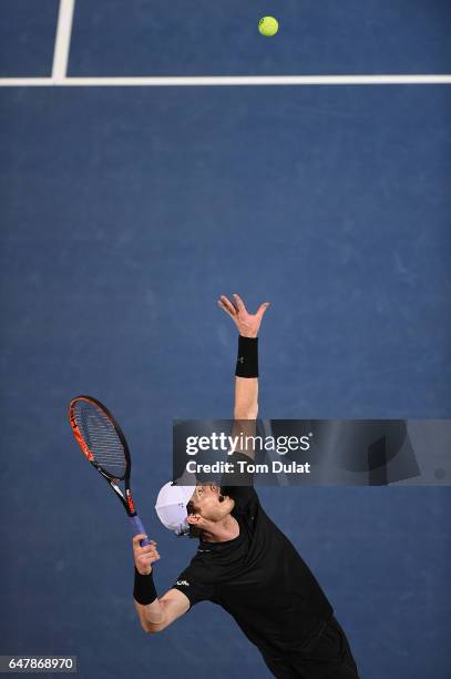 Andy Murray of Great Britain plays a serves during his final match against Fernando Verdasco of Spain on day seven of the ATP Dubai Duty Free Tennis...