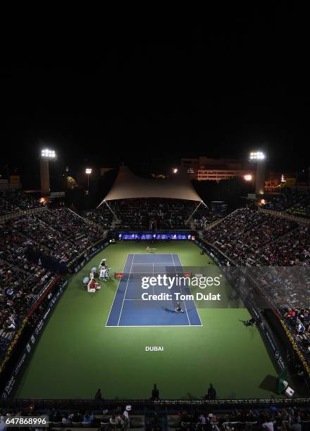 Andy Murray of Great Britain and Fernando Verdasco of Spain in action during the final match on day seven of the ATP Dubai Duty Free Tennis...