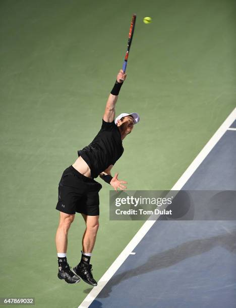 Andy Murray of Great Britain plays a serves during his final match against Fernando Verdasco of Spain on day seven of the ATP Dubai Duty Free Tennis...