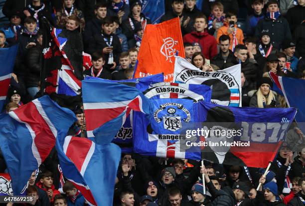 Rangers fans are seen during the Scottish Cup Quarter final match between Rangers and Hamilton Academical at Ibrox Stadium on March 4, 2017 in...