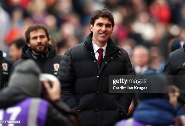 Aitor Karanka, manager of Middlesbrough looks on during the Premier League match between Stoke City and Middlesbrough at Bet365 Stadium on March 4,...