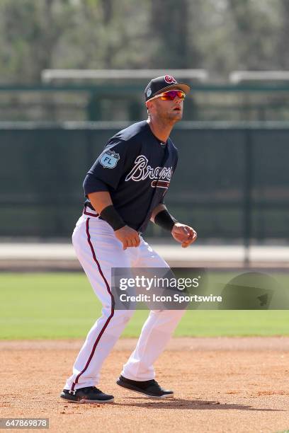 Christian Walker of the Braves leads off second base before the spring training game between the St. Louis Cardinals and the Atlanta Braves on...