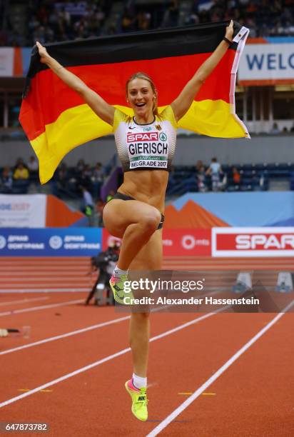 Kristin Gierisch of Germany celebrates after winning the gold medal during the Women's Triple Jump final on day two of the 2017 European Athletics...