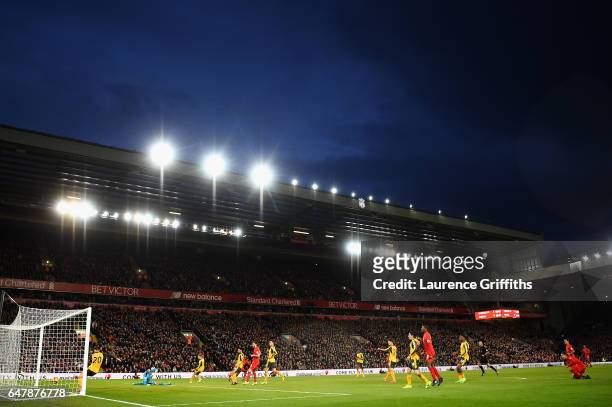 General view as Sadio Mane of Liverpool scores his sides second goal during the Premier League match between Liverpool and Arsenal at Anfield on...