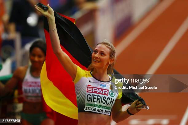 Kristin Gierisch of Germany celebrates after winning the gold medal during the Women's Triple Jump final on day two of the 2017 European Athletics...