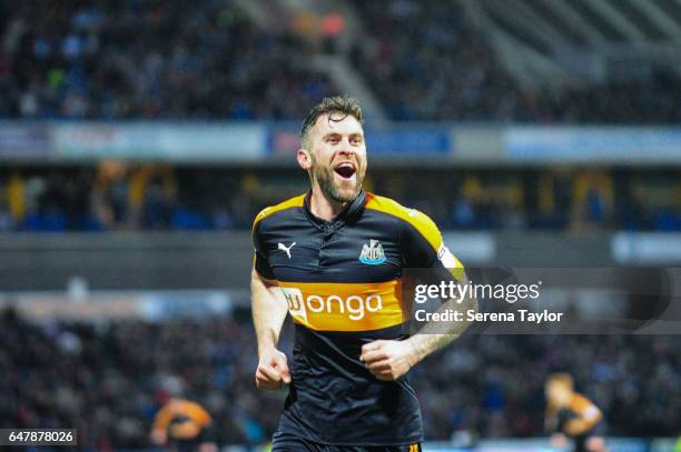 Daryl Murphy of Newcastle United celebrates after scoring Newcastle's second goal during the Sky Bet Championship Match between Huddersfield Town and...