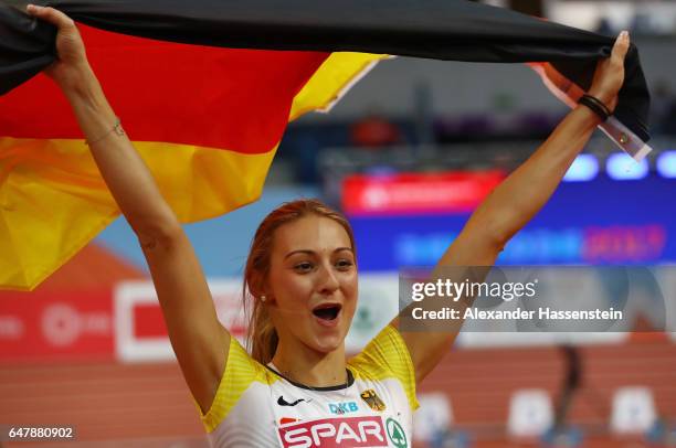 Kristin Gierisch of Germany celebrates after winning the gold medal during the Women's Triple Jump final on day two of the 2017 European Athletics...