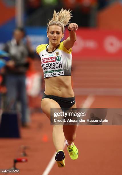 Kristin Gierisch of Germany competes in the Women's Triple Jump final on day two of the 2017 European Athletics Indoor Championships at the Kombank...