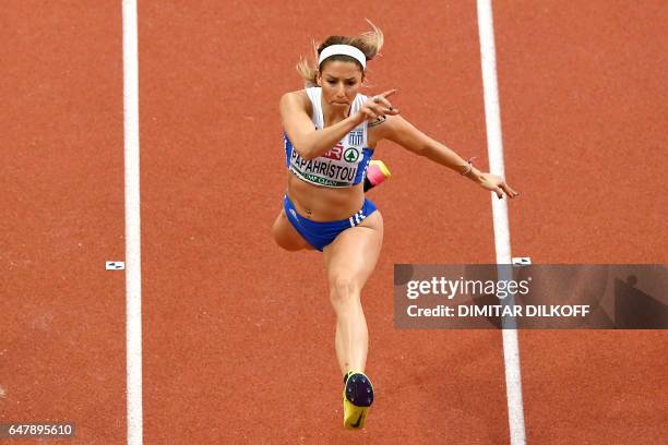 Greece's Paraskevi Papahristou competes in the women's triple jump final at the 2017 European Athletics Indoor Championships in Belgrade on March 4,...